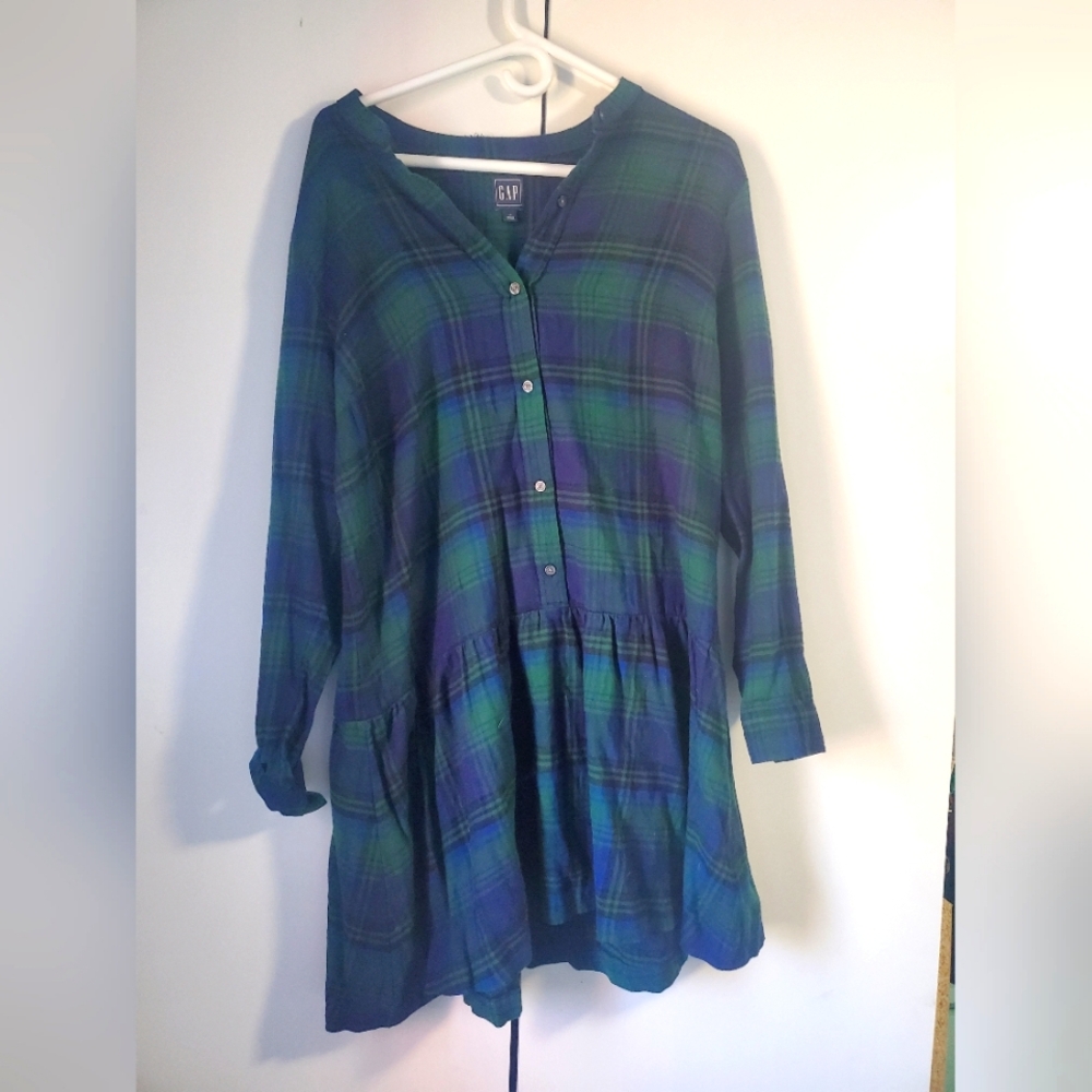 Gap Long Sleeved Shirt Dress Classic Plaid Blue